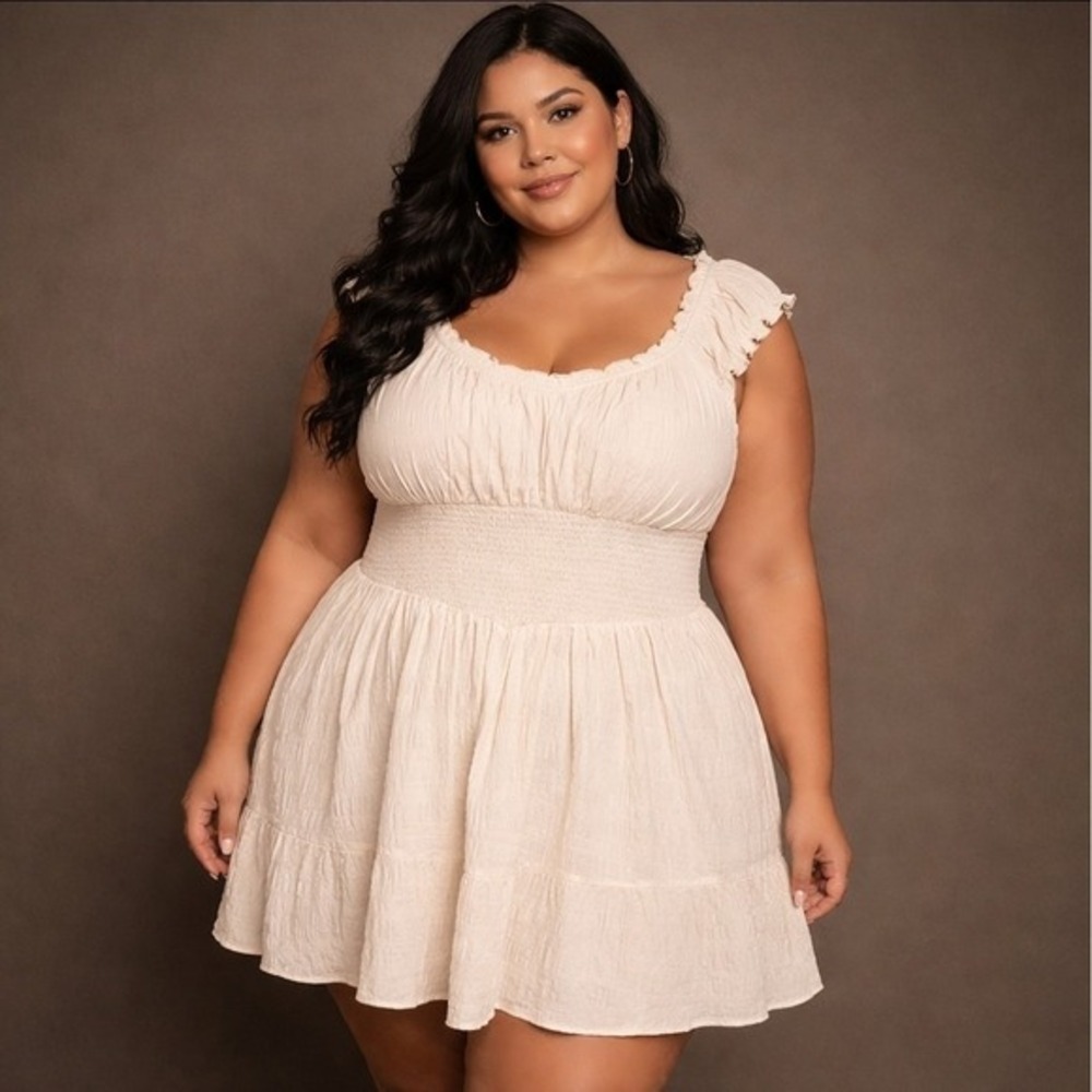 Women's Cottagecore Peasant Coquette Tiered Plus Sz 3x Cream Ivory Mini Dress‎